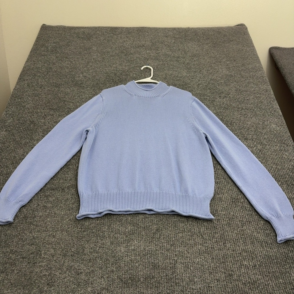 J Crew Sweater Women XL Blue Cotton Mock Neck Knit Classic Style Preppy